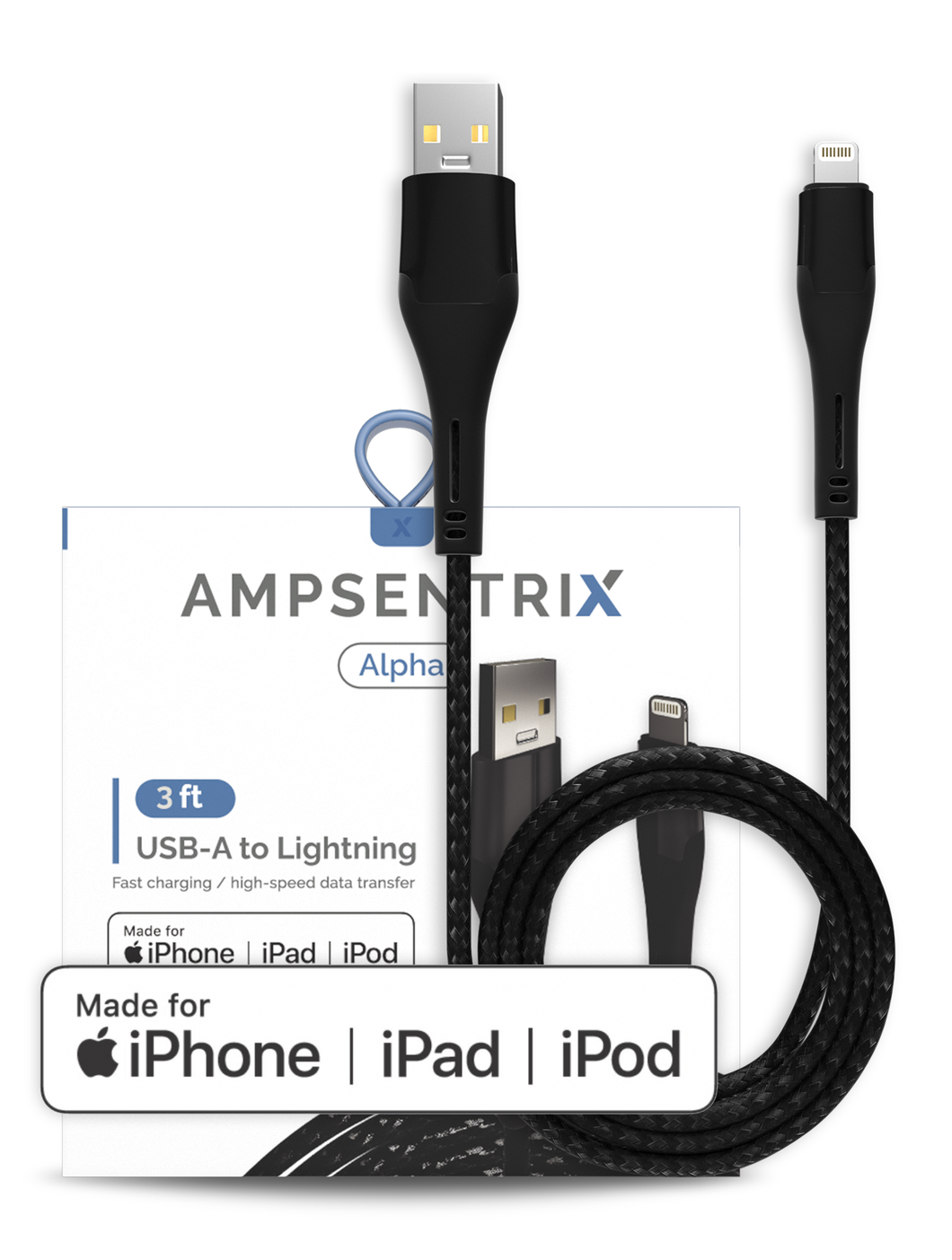 3 FT MFI LIGHTNING TO USB TYPE A CABLE (AMPSENTRIX) (ALPHA) (BLACK)