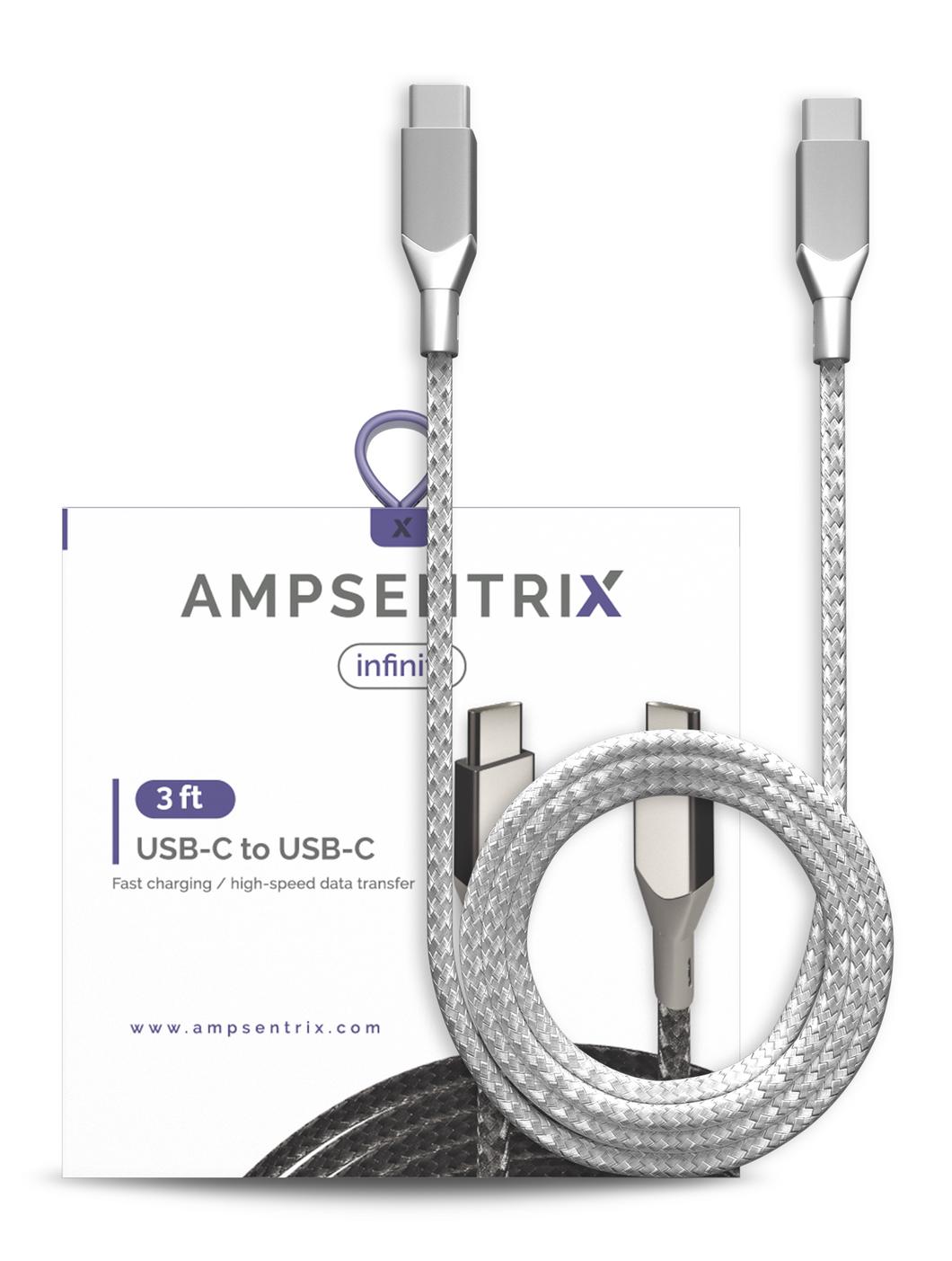 3 FT USB TYPE C TO USB TYPE C CABLE (AMPSENTRIX) (INFINITY) (SILVER)