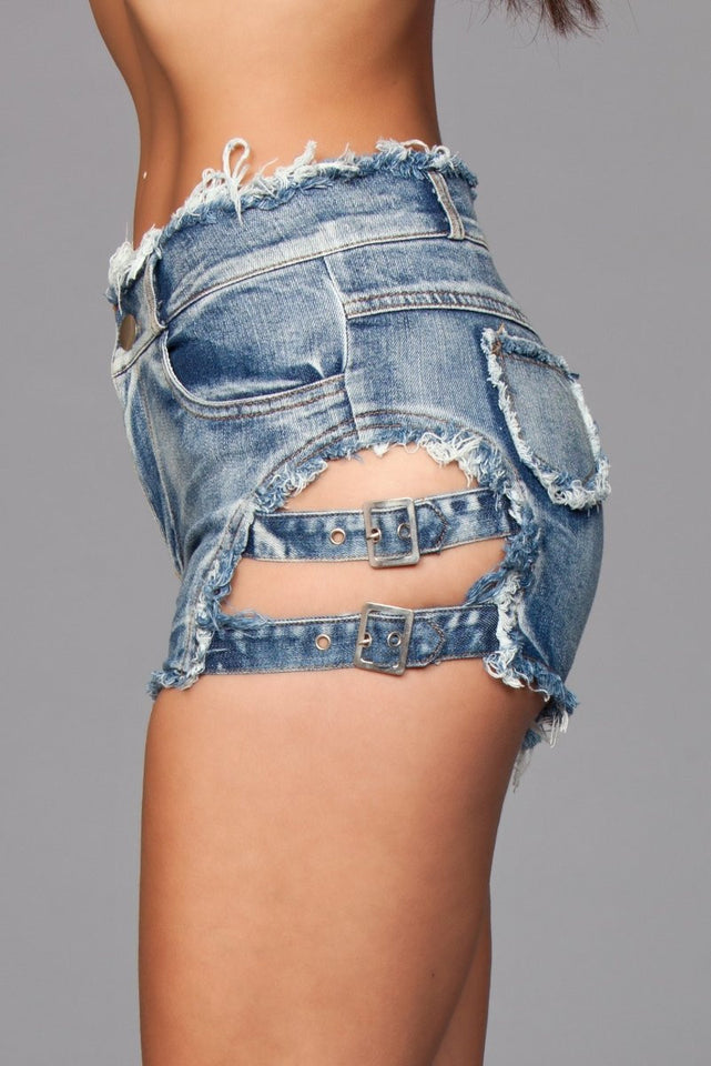 J10BL Buckled Down Denim Shorts - Medium Wash